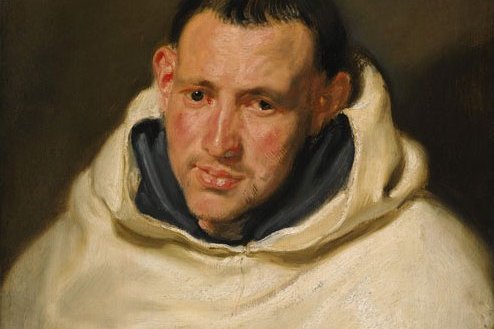 A portrait of a Carmelite friar wearing a brown habit, painted in a realistic Baroque style.