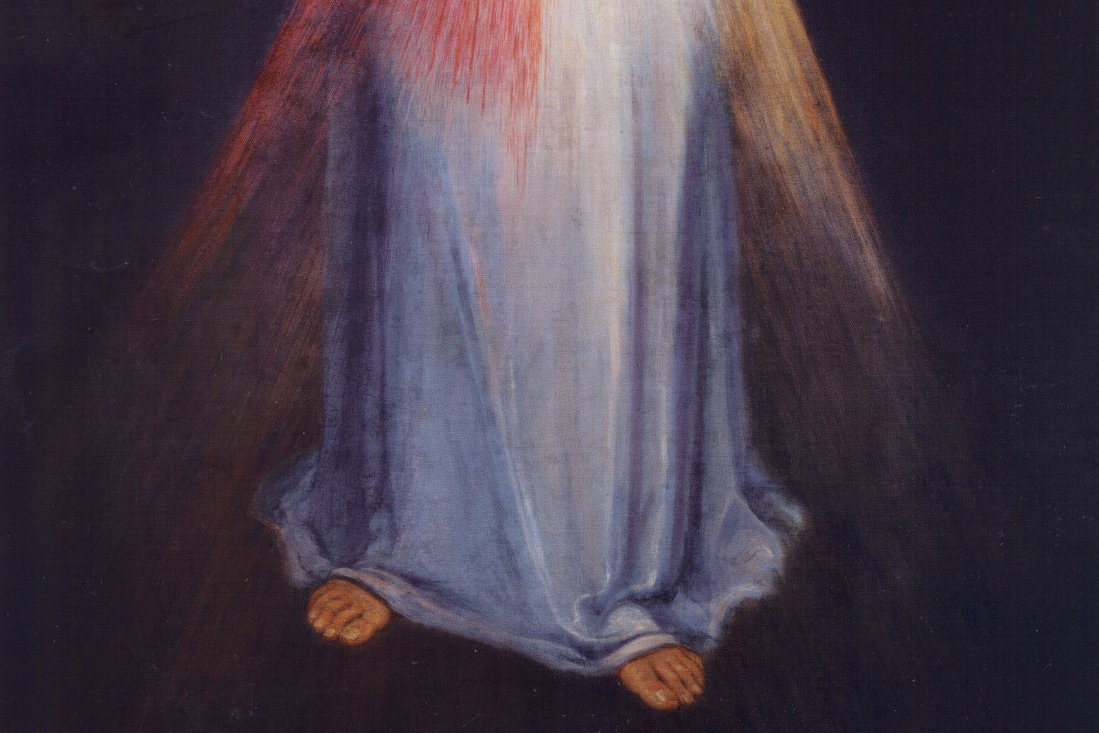The original 1934 Divine Mercy painting by Eugeniusz Kazimirowski, showing Christ with one hand raised in blessing and red and pale rays emanating from his heart