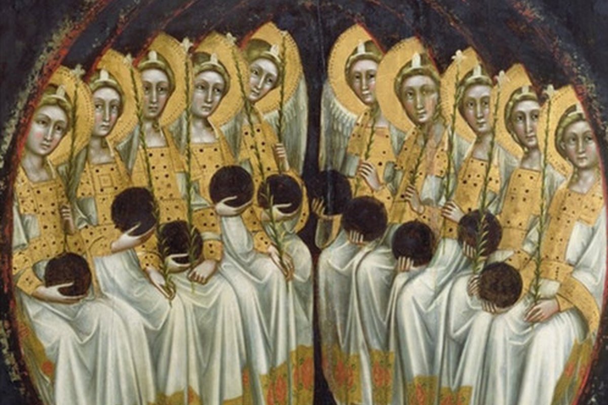 A 14th-century tempera panel by Guariento di Arpo showing a circular group of golden-robed, haloed angels, traditionally identified with the Dominions.