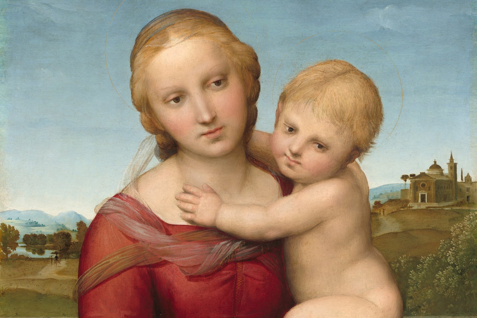 A Renaissance painting of the Virgin Mary tenderly holding the infant Christ close to her face, both gazing at a small bird held between them, against a soft landscape background.