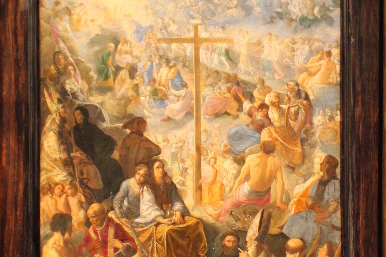 A 17th-century altarpiece panel depicting the raising of the True Cross.