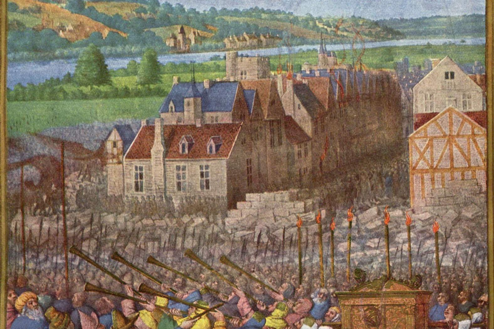 Illuminated medieval manuscript scene of the Israelite army marching around the walled city of Jericho behind priests carrying the Ark of the Covenant, by Jean Fouquet