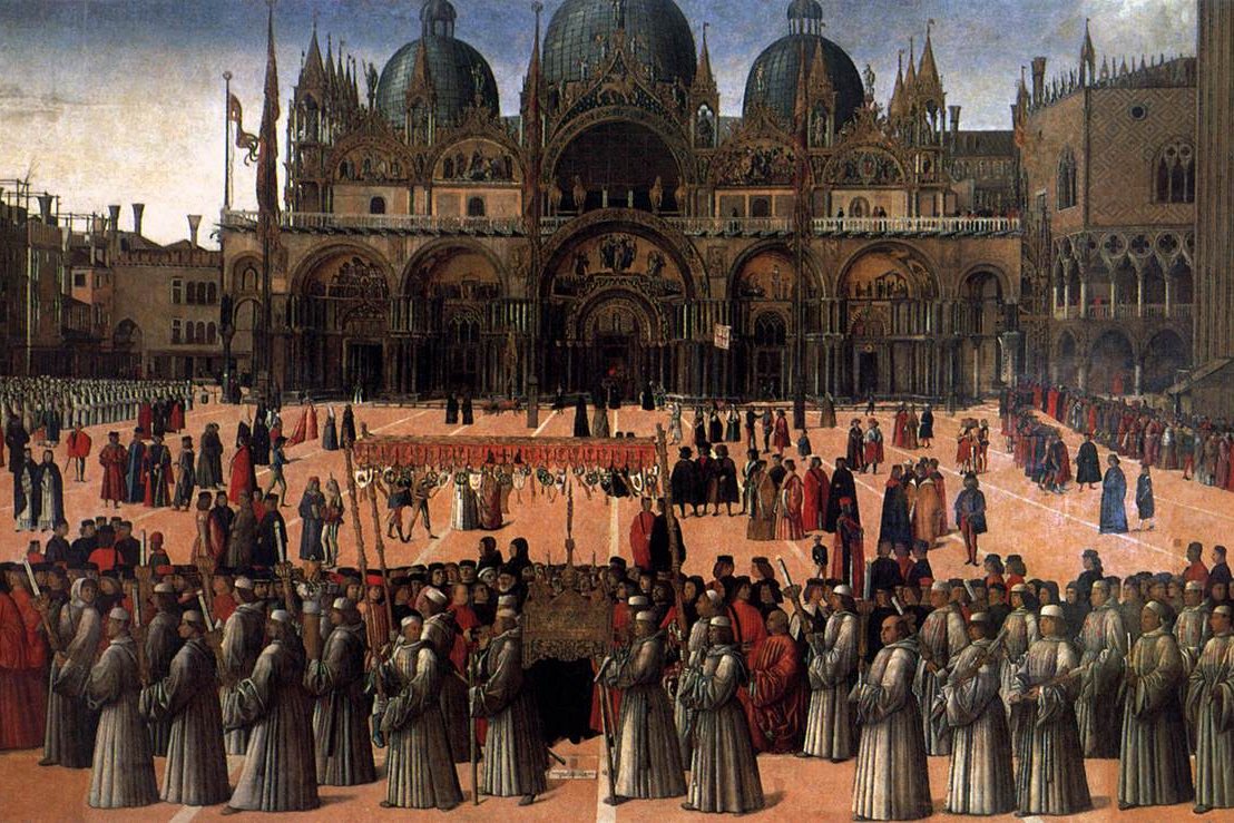 Gentile Bellini's 15th-century painting of a Eucharistic procession filling the Piazza San Marco in Venice, with clergy carrying a canopy through the crowd.