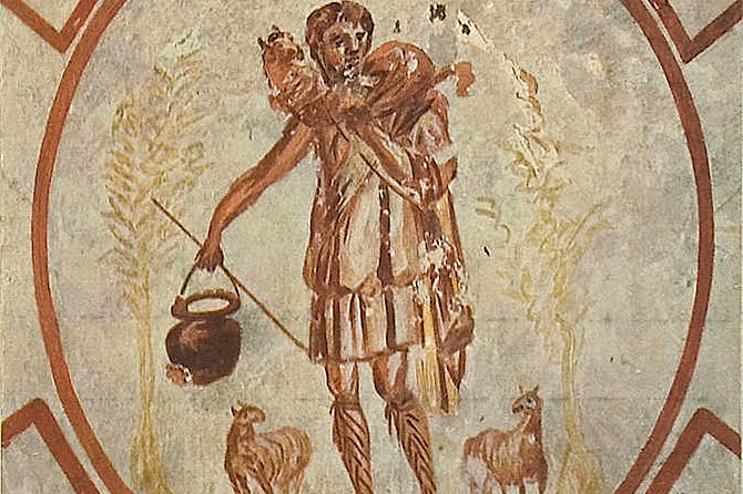 A faded early Christian catacomb fresco of the Good Shepherd carrying a lamb on his shoulders, surrounded by a flock of sheep.