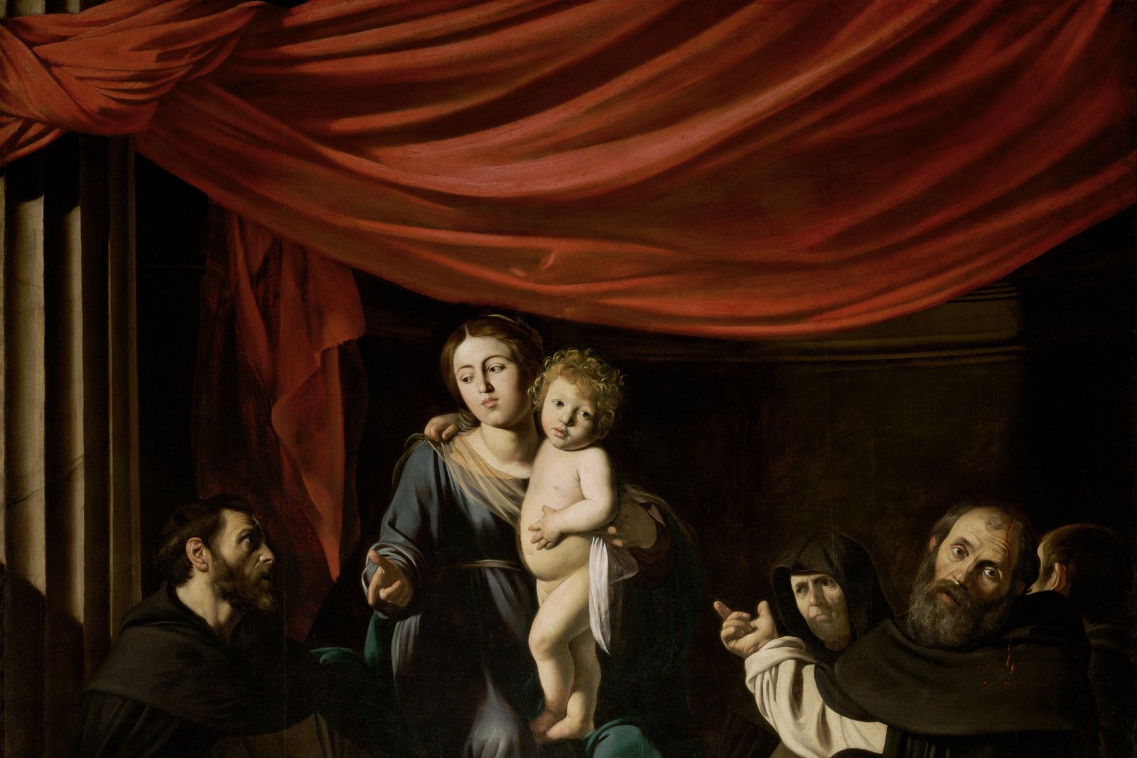Caravaggio's "Madonna of the Rosary," showing the Virgin and Child with Saint Dominic and kneeling faithful -- used here as a Rosary-themed stand-in, not a depiction of the Fatima apparitions