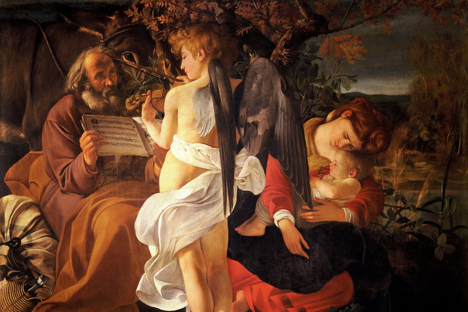 The Holy Family resting during their flight into Egypt, with Mary holding the sleeping infant Jesus and Joseph standing watch, painted by Caravaggio