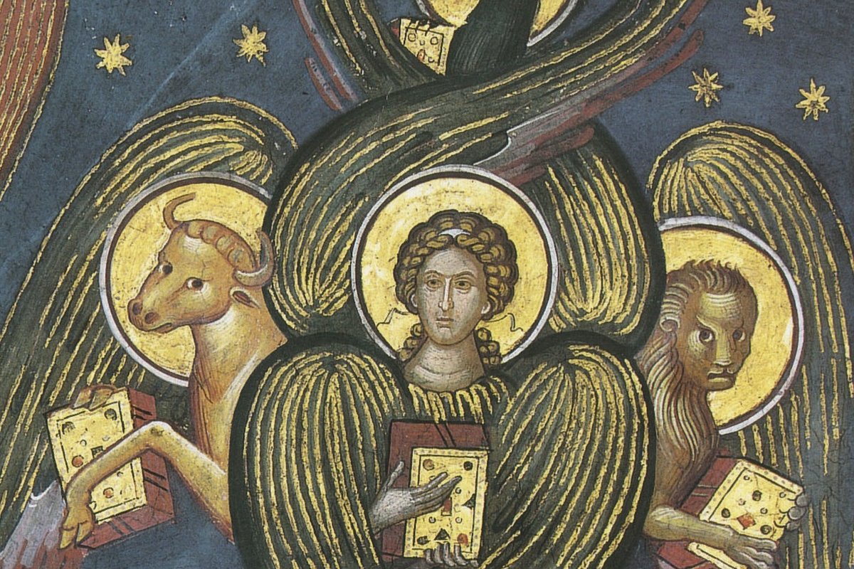A tetramorph fresco combining the four evangelist symbols - man, lion, ox, and eagle - into one composite figure