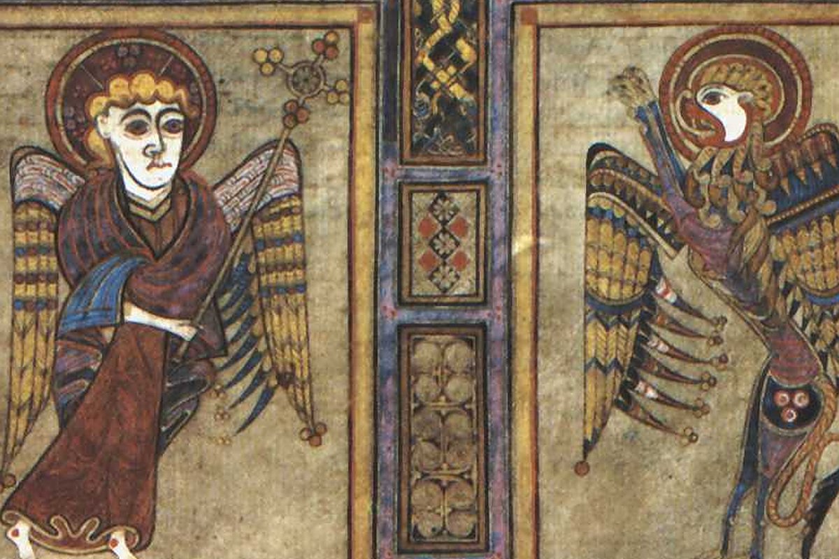 A detail from an illuminated Gospel manuscript showing two of the four evangelist symbols — a winged man holding a staff and an eagle — framed in Celtic interlace.