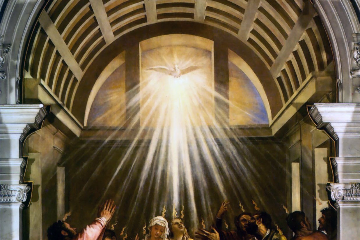 Tongues of fire descend on Mary and the apostles gathered together as the Holy Spirit founds the Church at Pentecost, in Titian's altarpiece.