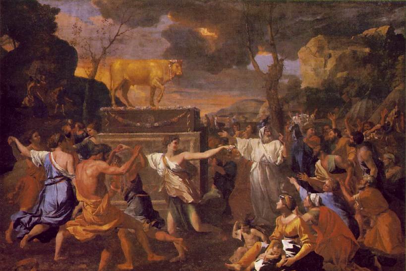 A baroque painting of Israelites dancing and celebrating around a small golden calf statue on a pedestal, with Moses and Joshua visible descending the mountain in the background.