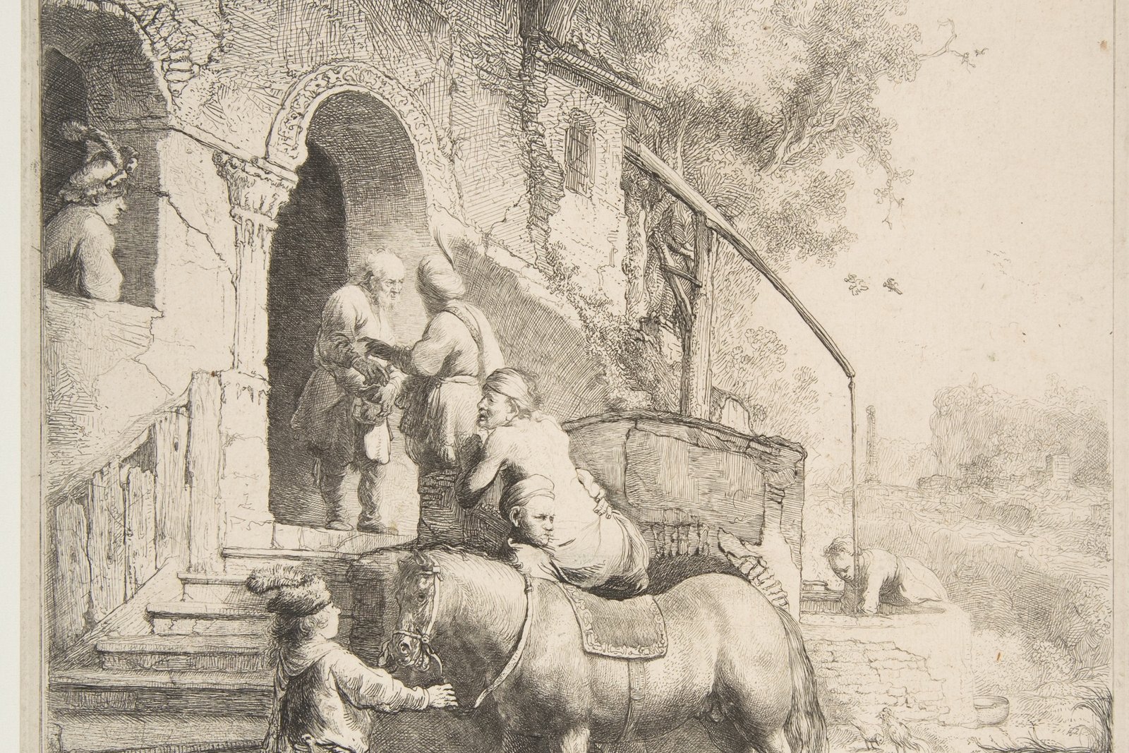 The Samaritan lifting the wounded traveler onto his horse, etching by Rembrandt
