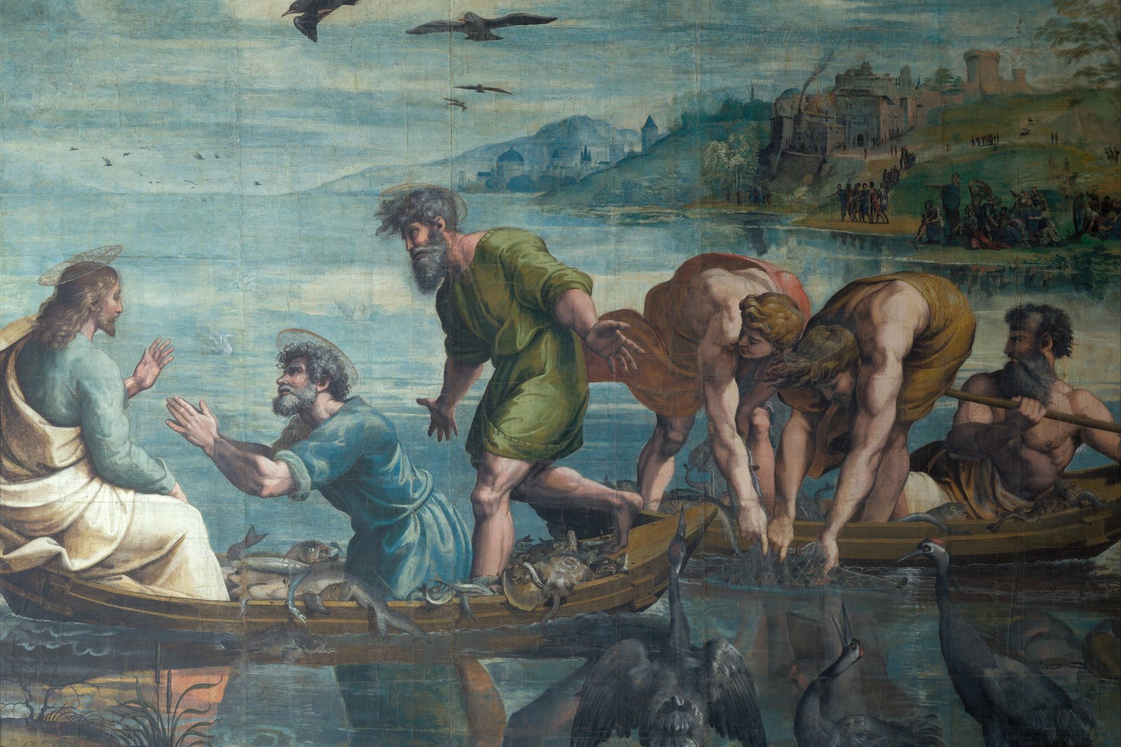 Fishermen hauling an overflowing net of fish into two boats while Peter kneels before Christ, Raphael tapestry cartoon