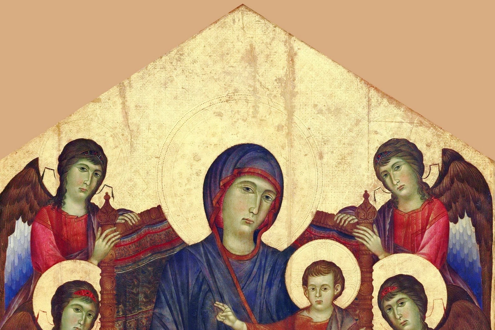 A gold-ground medieval panel painting of the Virgin Mary enthroned with the Christ Child, both crowned with wide gold halos, surrounded by six haloed angels.