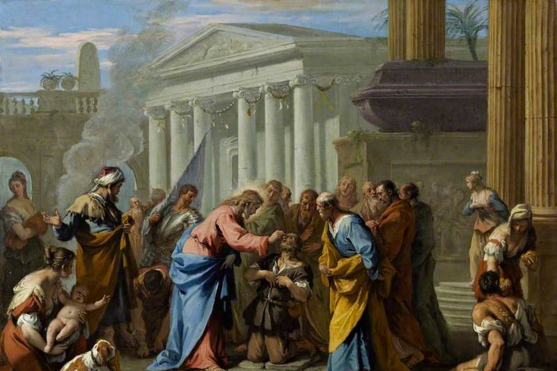 Sebastiano Ricci's painting of Christ touching the eyes of a kneeling blind man before a classical temple, with onlookers gathered around
