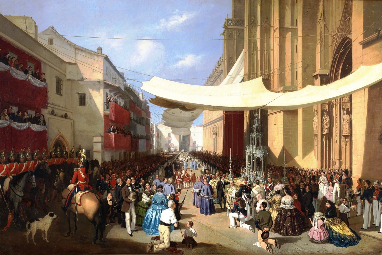 The Corpus Christi Procession in Seville, an 1857 painting by Manuel Cabral y Aguado Bejarano showing the Great Monstrance of Juan de Arfe carried past Seville Cathedral