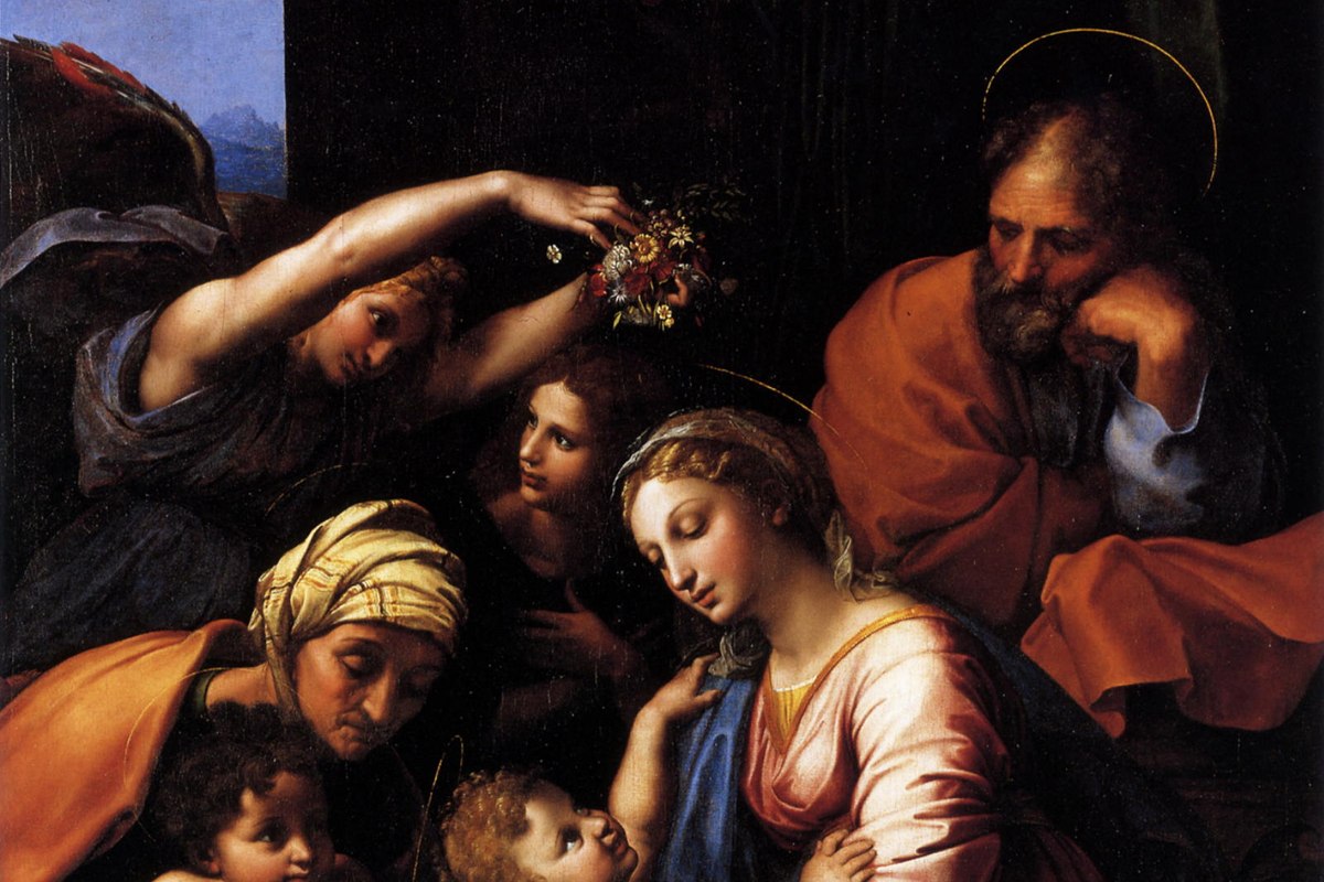 Ein warmes barockes Gemälde einer Familiengruppe im Innenraum, mit einer Mutter und einem älteren Vater, die sich eng um ein kleines Kind versammeln.