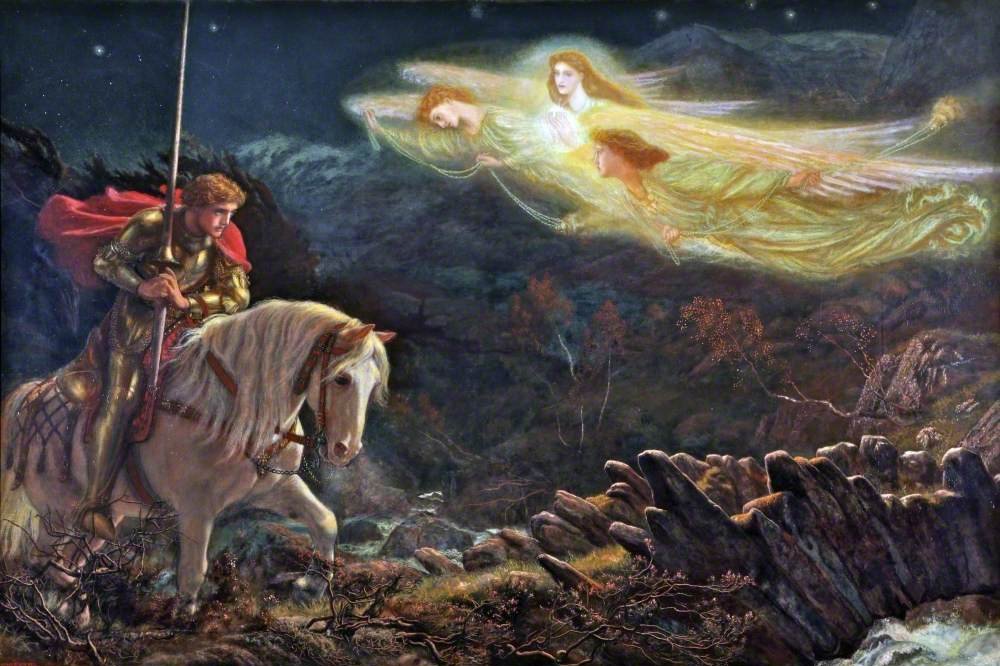 Sir Galahad kneeling before a vision of the Holy Grail, 1870 painting by Arthur Hughes