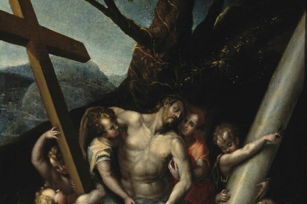 Christ with the Symbols of the Passion, 1576 painting by Lavinia Fontana, showing an angel holding the three nails of the Crucifixion