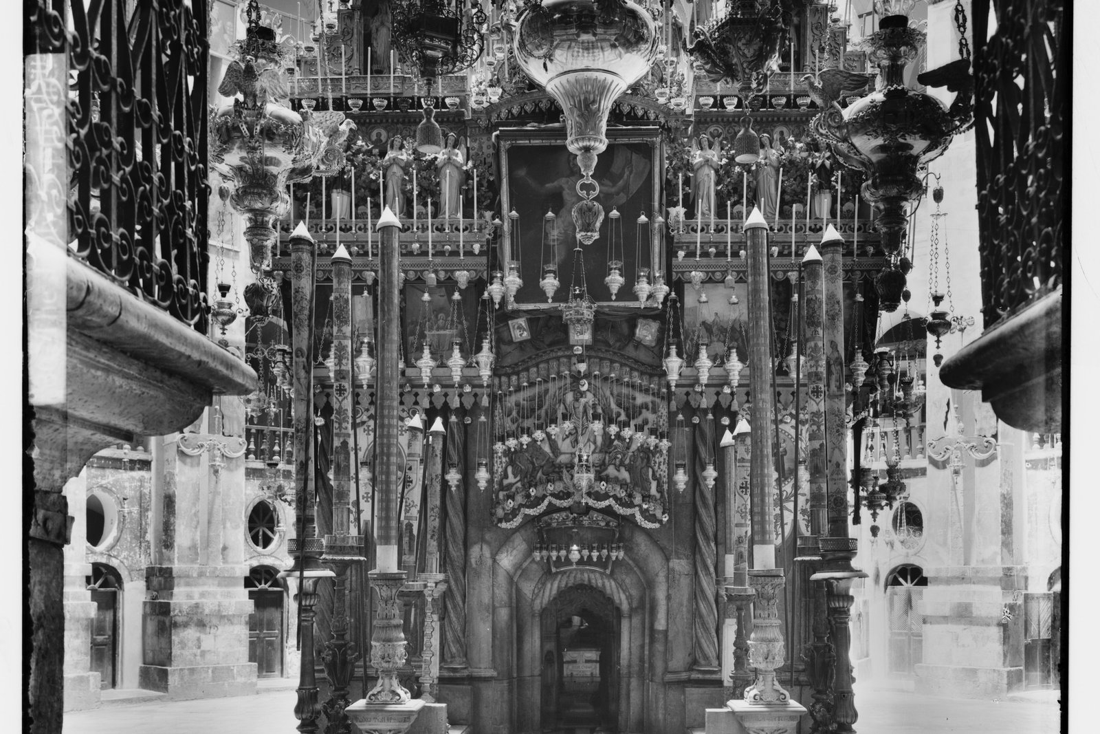 Historic photograph of the Edicule, the small shrine built over the traditional tomb of Christ, inside the Church of the Holy Sepulchre in Jerusalem