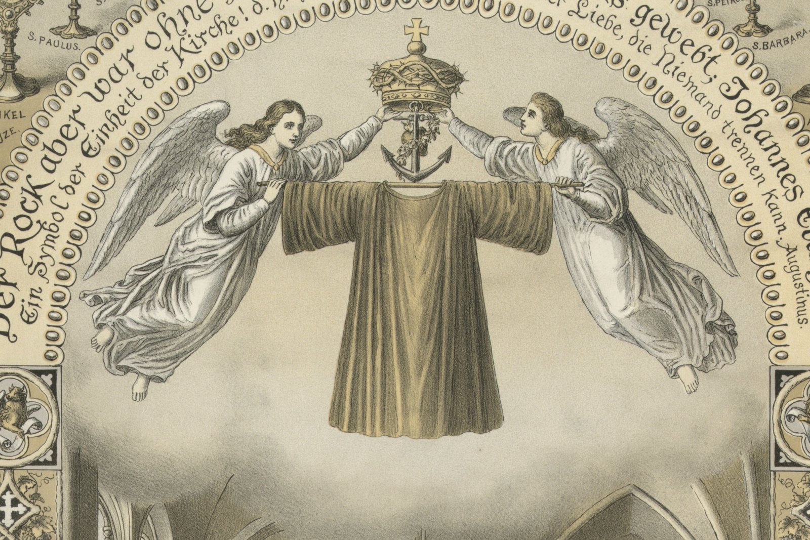 Two angels holding the seamless tunic of Christ and the crown of thorns above the nave of Trier Cathedral, detail from an 1891 commemorative lithograph of the Holy Robe pilgrimage