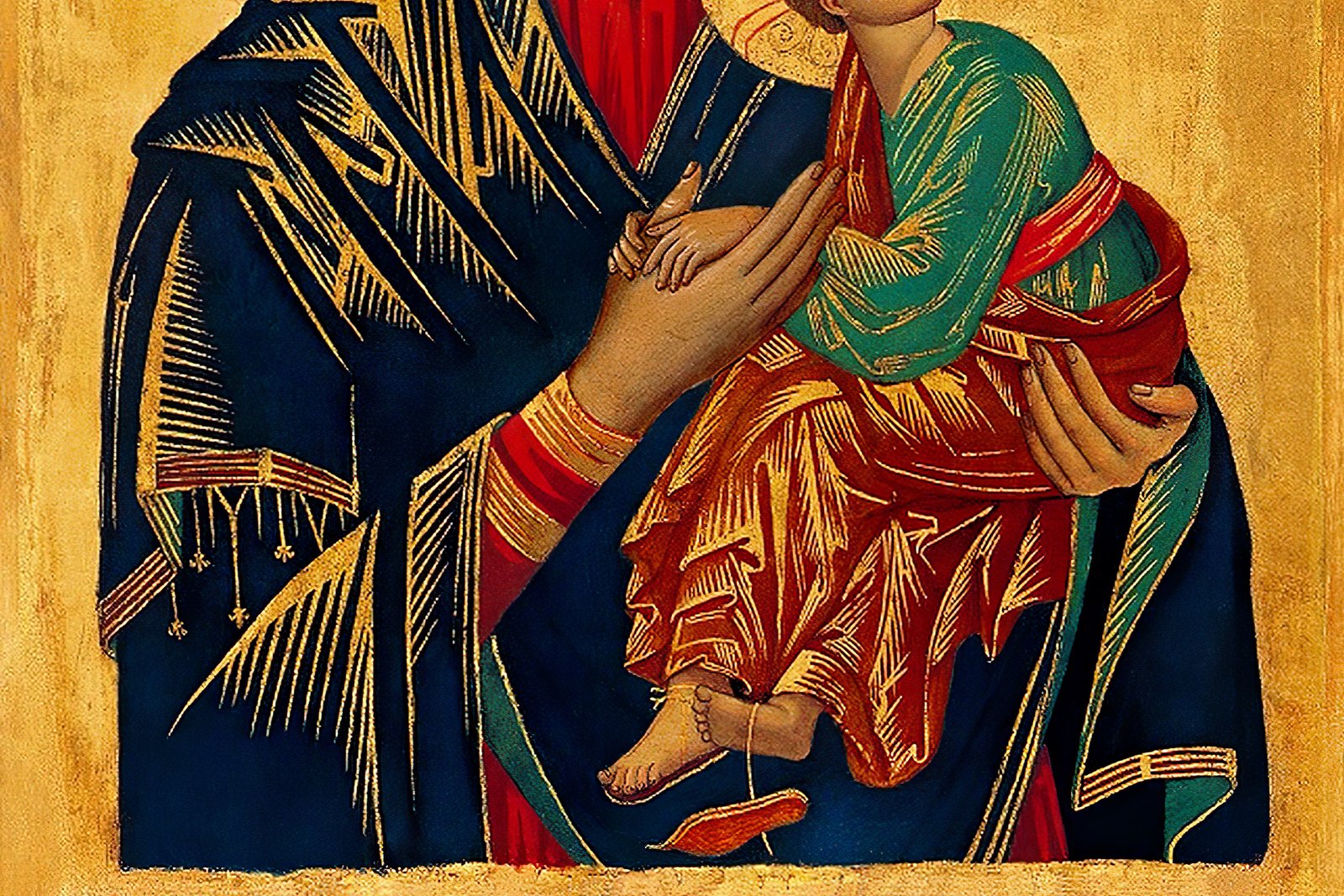 A Byzantine-style icon of the Virgin Mary holding the Christ Child, flanked by two archangels holding instruments of the Passion