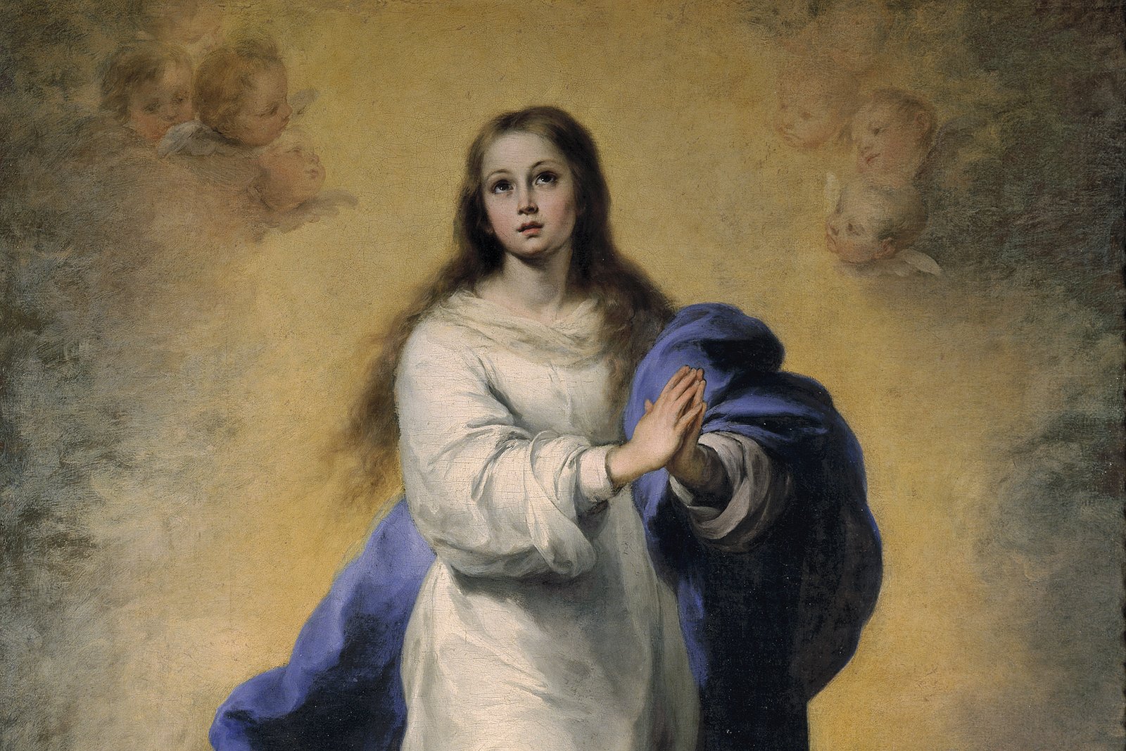 Murillo's Immaculate Conception, showing Mary standing on a crescent moon in a white gown and blue mantle, hands joined in prayer, surrounded by cherubs.