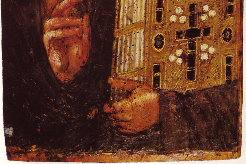 Icono bizantino de Cristo Pantocrator, sosteniendo un libro de los Evangelios y levantando la mano derecha en gesto de bendicion.