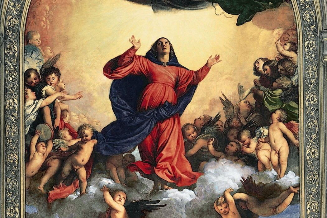 Renaissance altarpiece painting of the Virgin Mary being assumed into heaven, surrounded by angels, with the apostles gathered below.