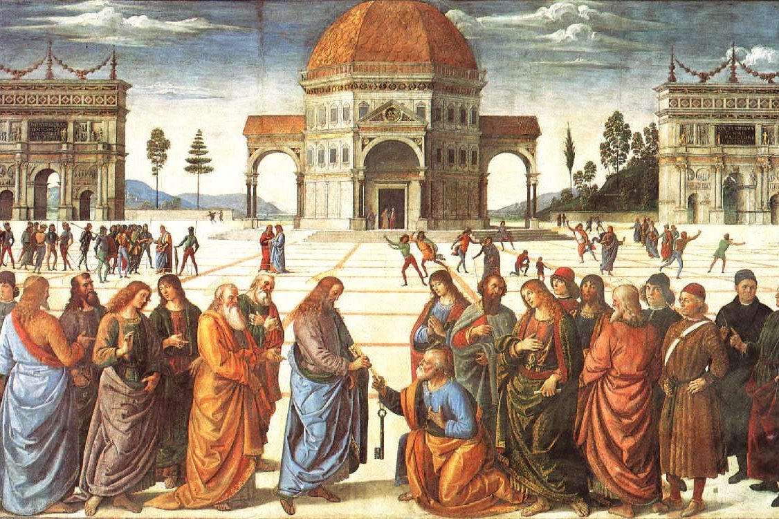 Renaissance fresco of Jesus Christ handing the keys of heaven to a kneeling Saint Peter in a piazza before a domed temple, surrounded by the other apostles and onlookers.