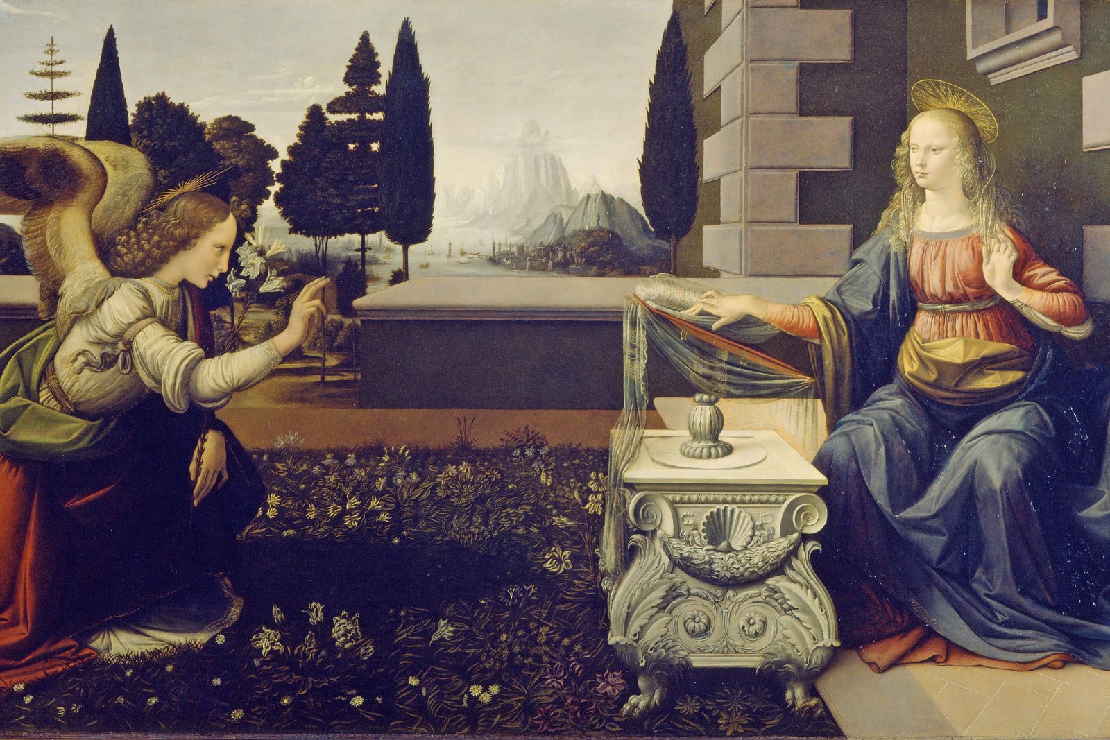 A Renaissance painting of the Annunciation, with the angel Gabriel kneeling before the Virgin Mary and holding a white lily stem between them.