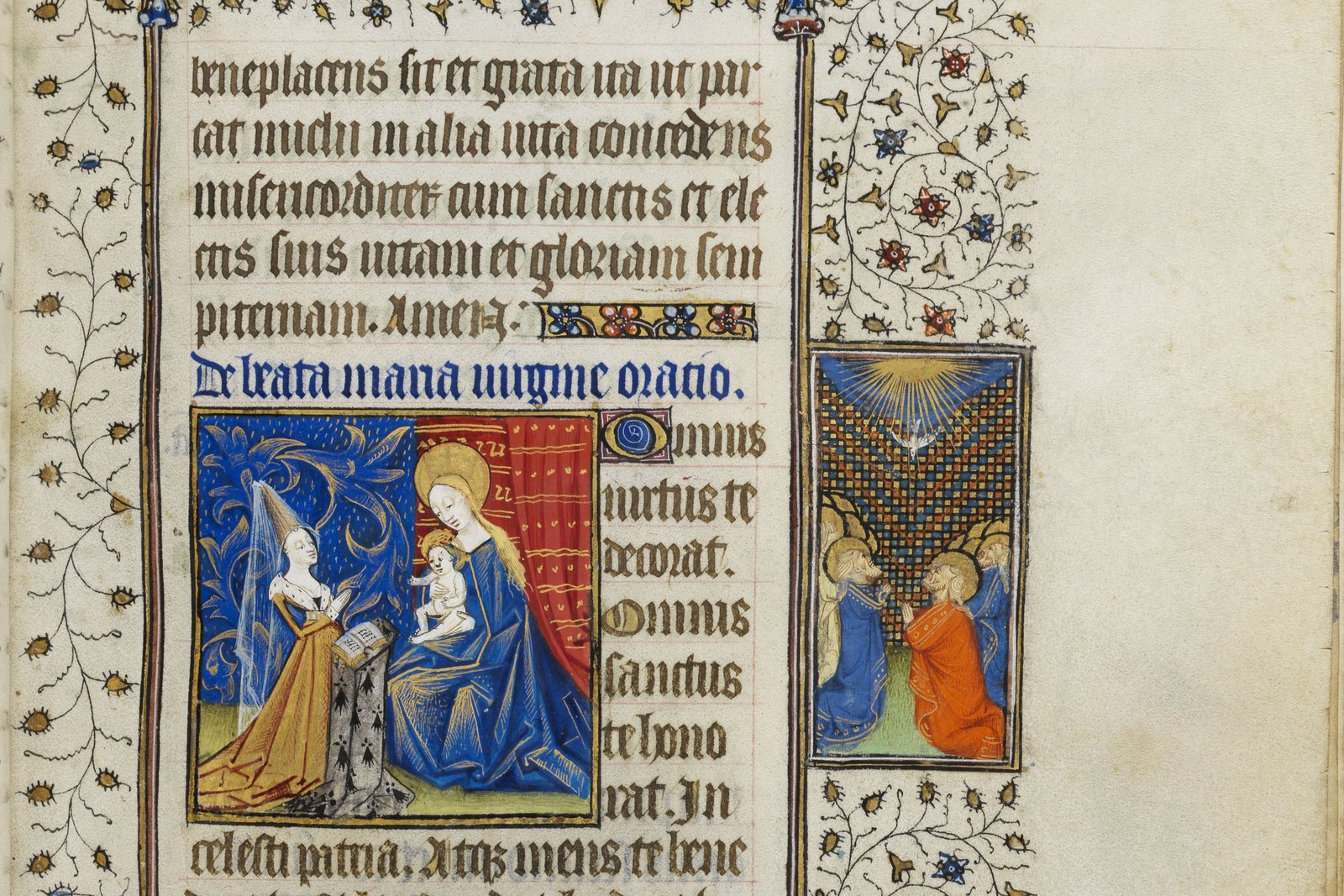 An illuminated manuscript page from a medieval Book of Hours showing a woman kneeling in prayer before the Virgin and Child.
