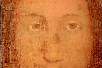 The Holy Face image on cloth kept at the Shrine of the Holy Face in Manoppello, Italy
