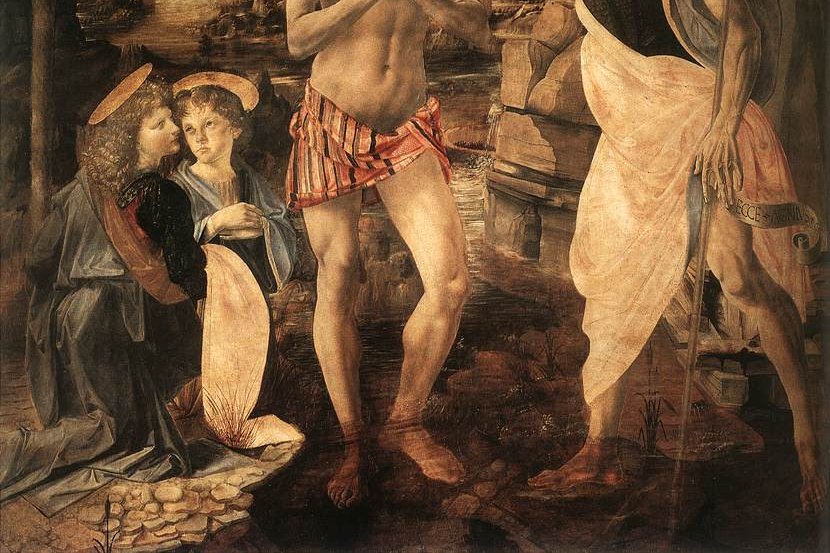 Pintura de Andrea del Verrocchio, El bautismo de Cristo, con Juan Bautista derramando agua sobre Jesus en el rio Jordan.