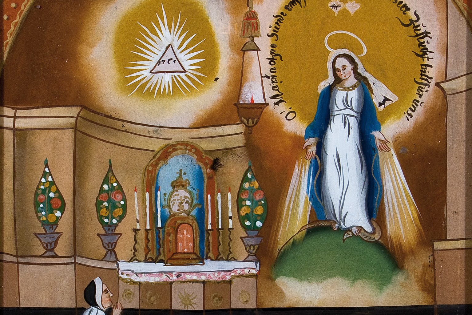 19th-century reverse-glass painting of the Virgin Mary's apparition to Saint Catherine Laboure in Paris, 1830