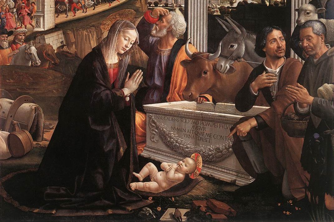 Domenico Ghirlandaio's Adoration of the Shepherds, showing shepherds kneeling before the infant Christ in a classical-inspired stable setting.