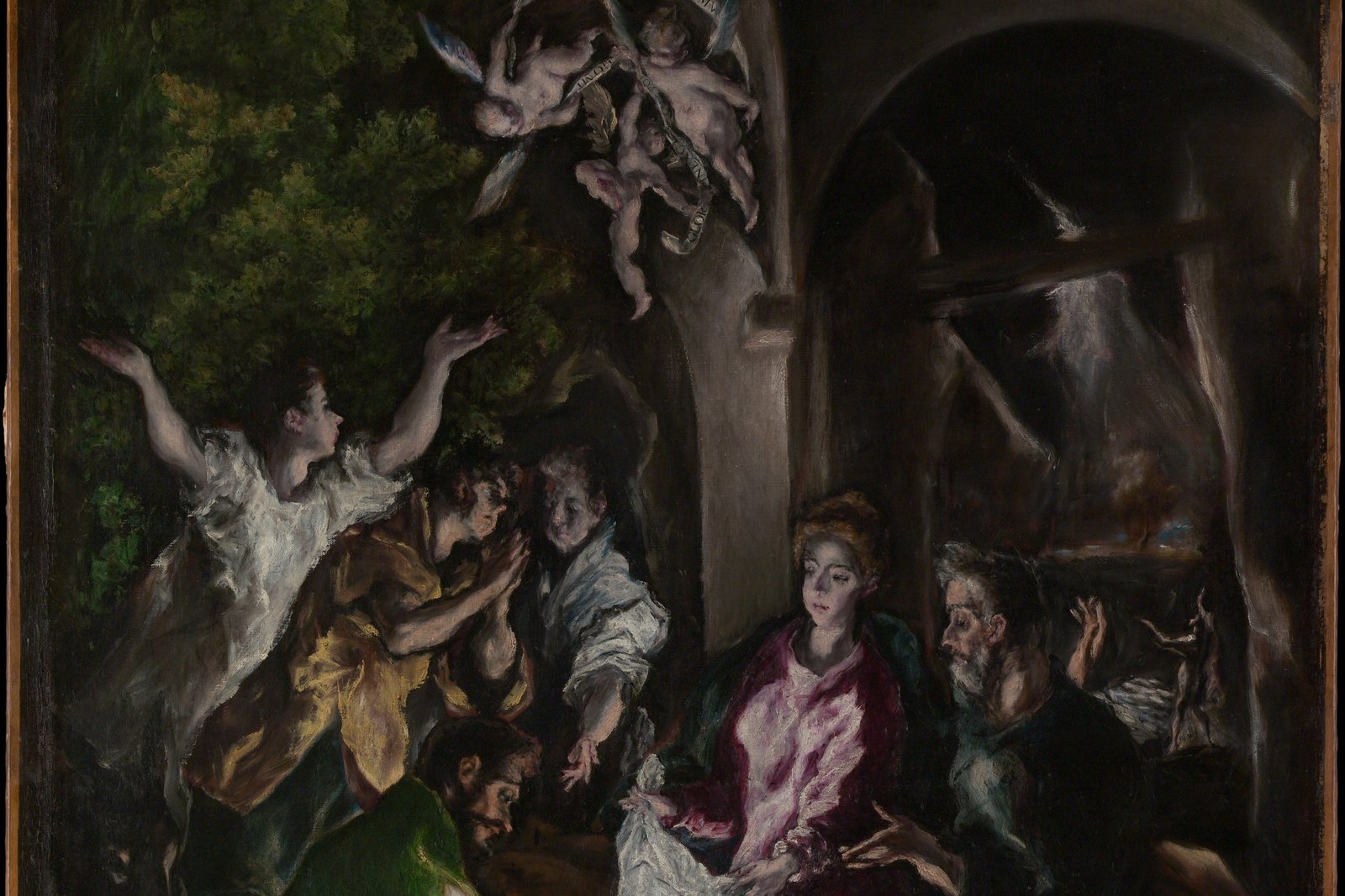 Shepherds kneeling in adoration before the newborn Christ, painting by El Greco
