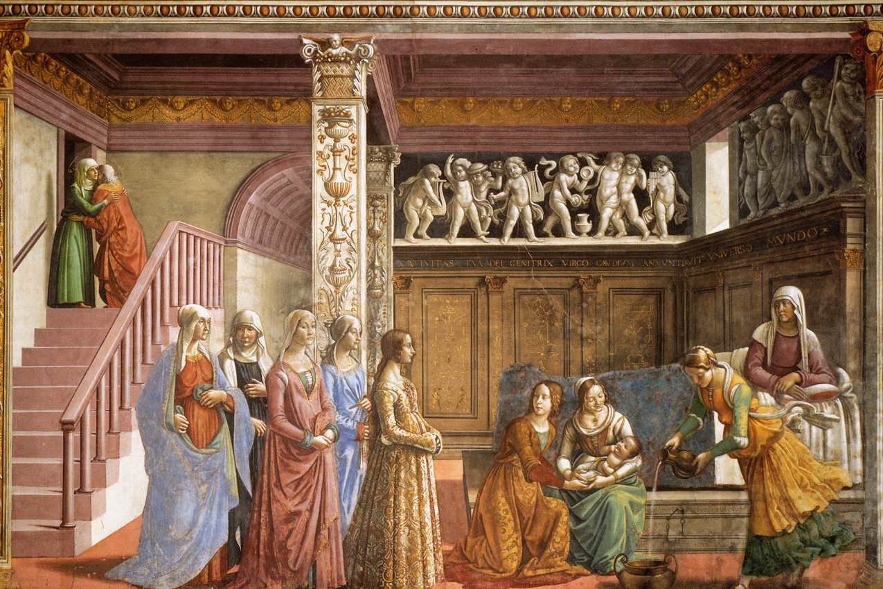 A Renaissance fresco depicting the birth of the Virgin Mary, attended by women in a domestic interior.