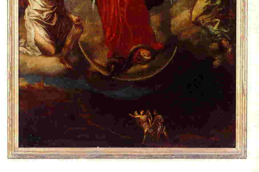 The original Baroque painting of Mary, Untier of Knots, by Johann Georg Melchior Schmidtner, showing Mary surrounded by angels untying knots in a long ribbon while standing on a crescent moon and crushing a serpent underfoot
