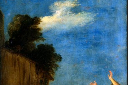 A baroque painting of a shepherd carrying a rescued lamb across his shoulders through a rocky landscape.