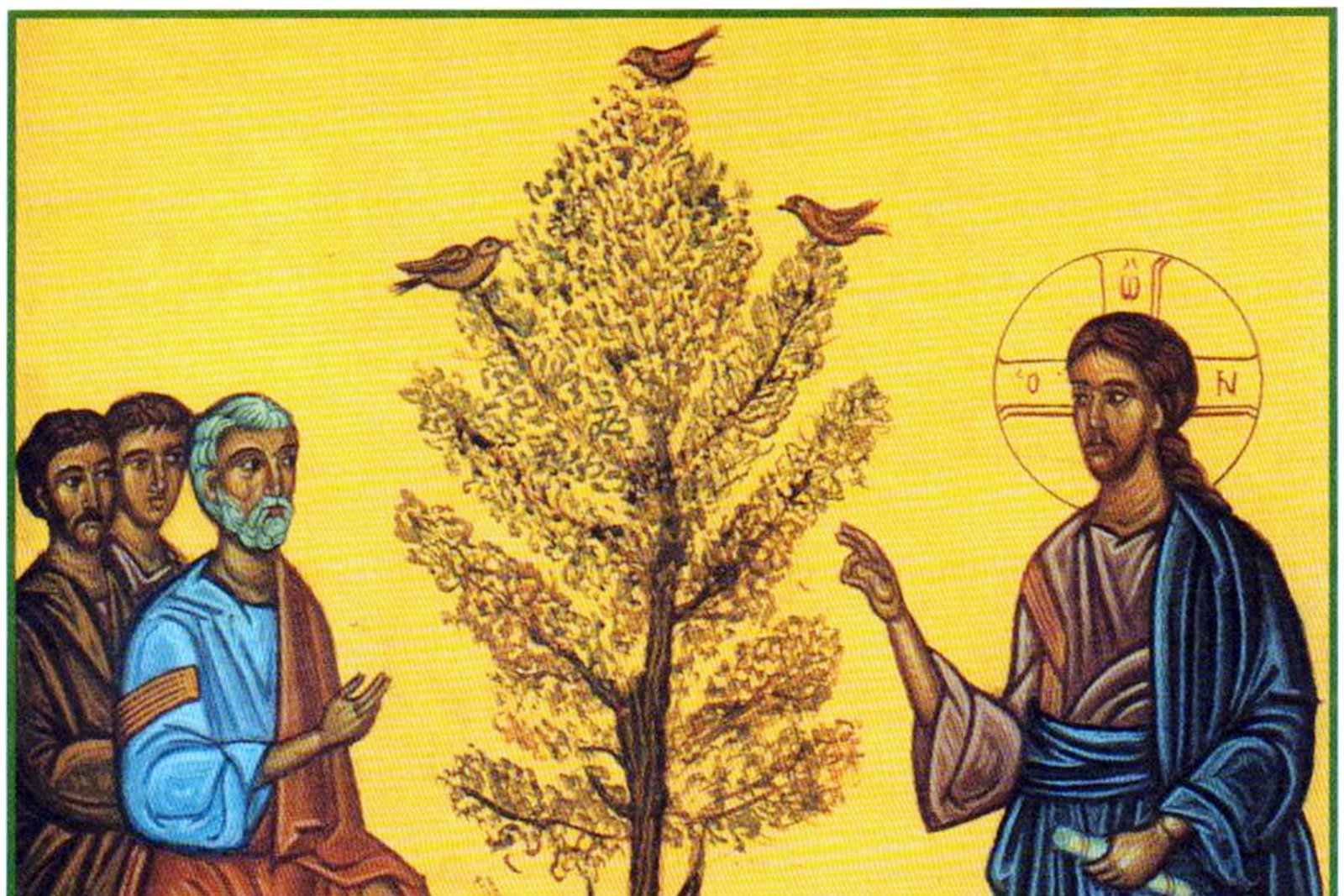 Byzantine-style icon of Christ pointing to a mustard tree with birds nesting in its branches, addressing his disciples