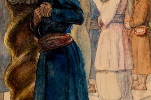 A Pharisee standing upright in prayer at the temple while a tax collector kneels at a distance, beating his breast