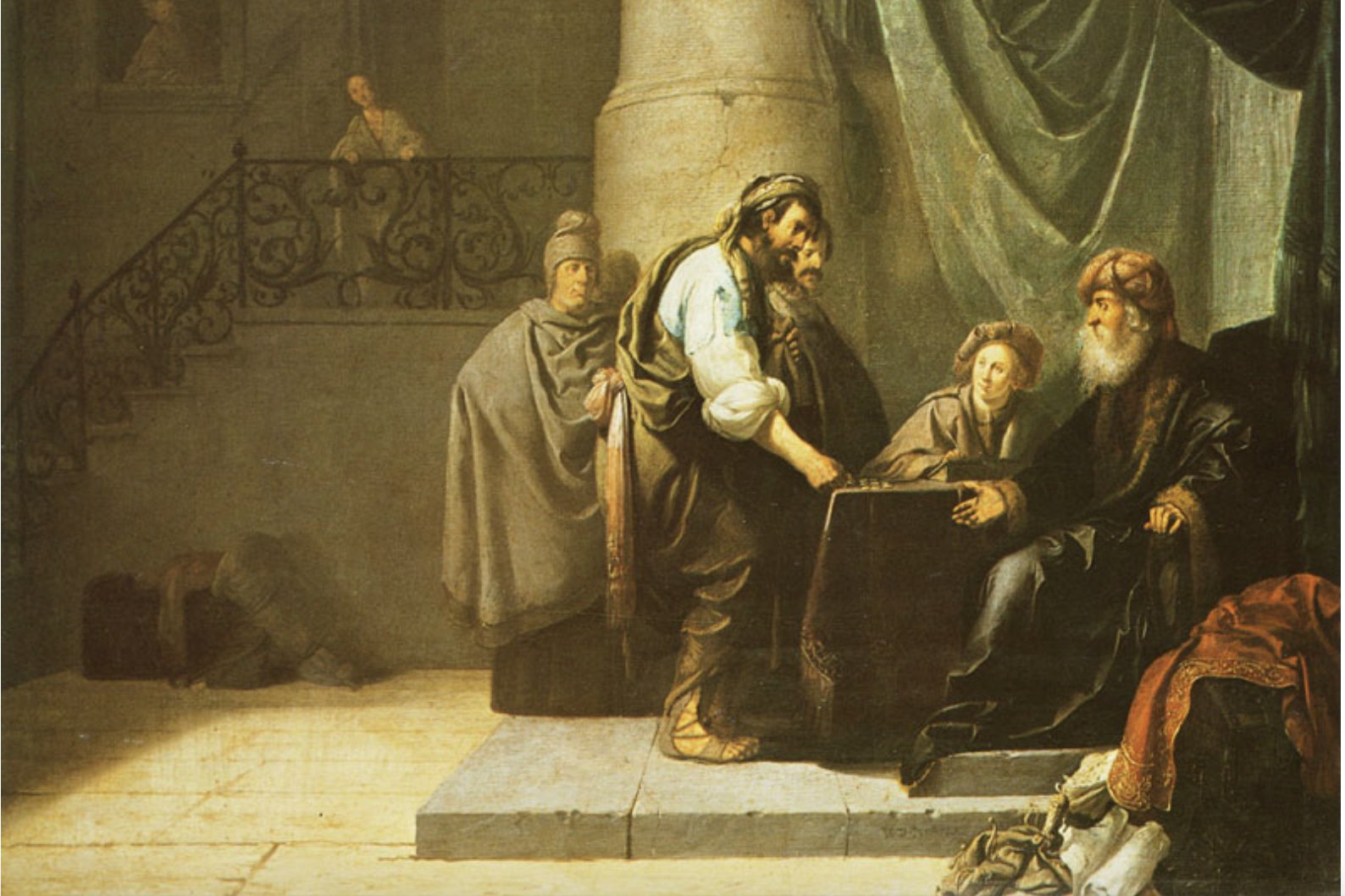 A master receiving coins from his servants in the parable of the talents
