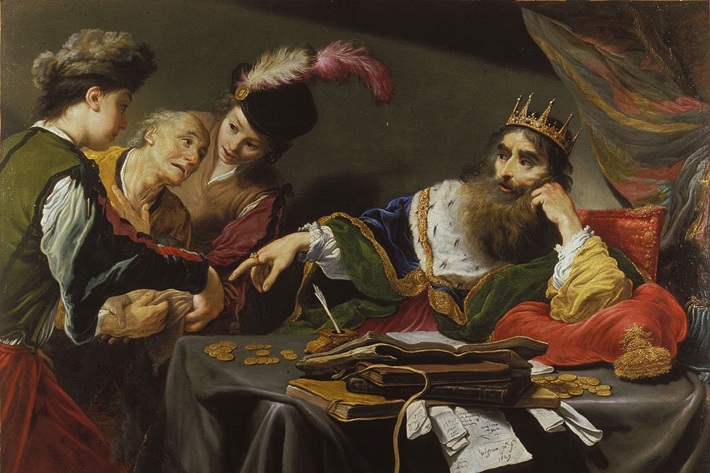 Claude Vignon's painting of a king seated at a table gesturing toward a kneeling servant pleading for mercy, gold coins scattered on the cloth