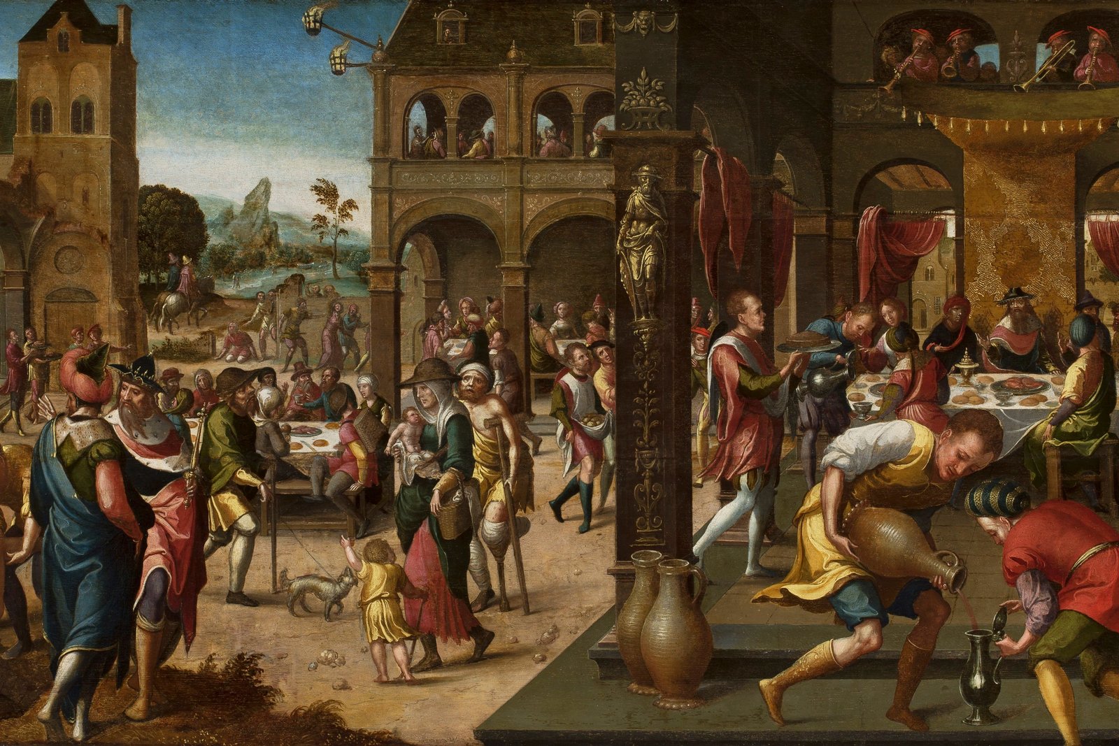 A long banquet table set for a wedding feast, with servants inviting guests from the street into a lit hall