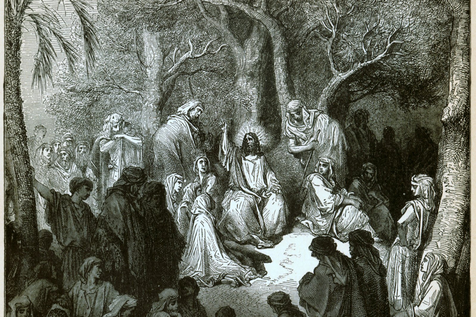 Jesus teaching the crowd during the Sermon on the Mount