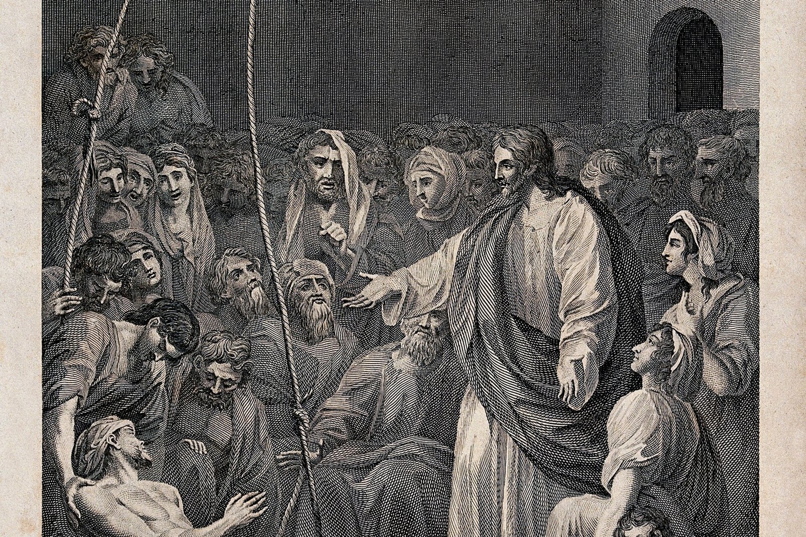 The paralytic lowered on ropes through the roof to Jesus, historic engraving