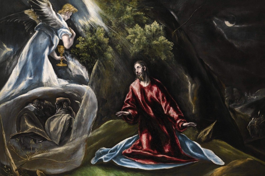 El Greco painting of Jesus Christ kneeling in prayer in the Garden of Gethsemane, with sleeping apostles and an angel nearby.