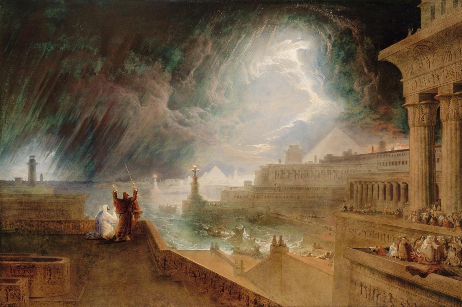 A dramatic Romantic-era painting of a violent hailstorm with lightning striking down over the land of Egypt, dark clouds looming over fleeing figures and livestock.