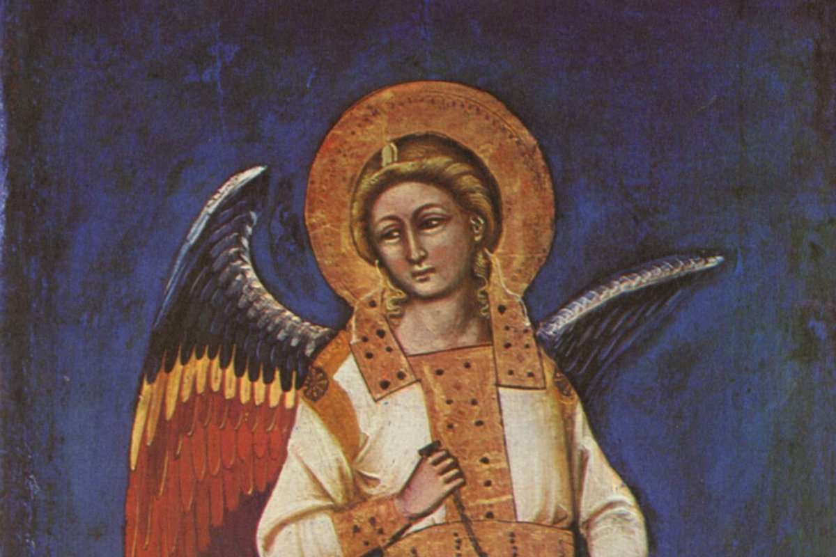 A 14th-century tempera panel by Guariento di Arpo showing a haloed, winged angel in a red cloak holding a rod, traditionally identified with the Powers.