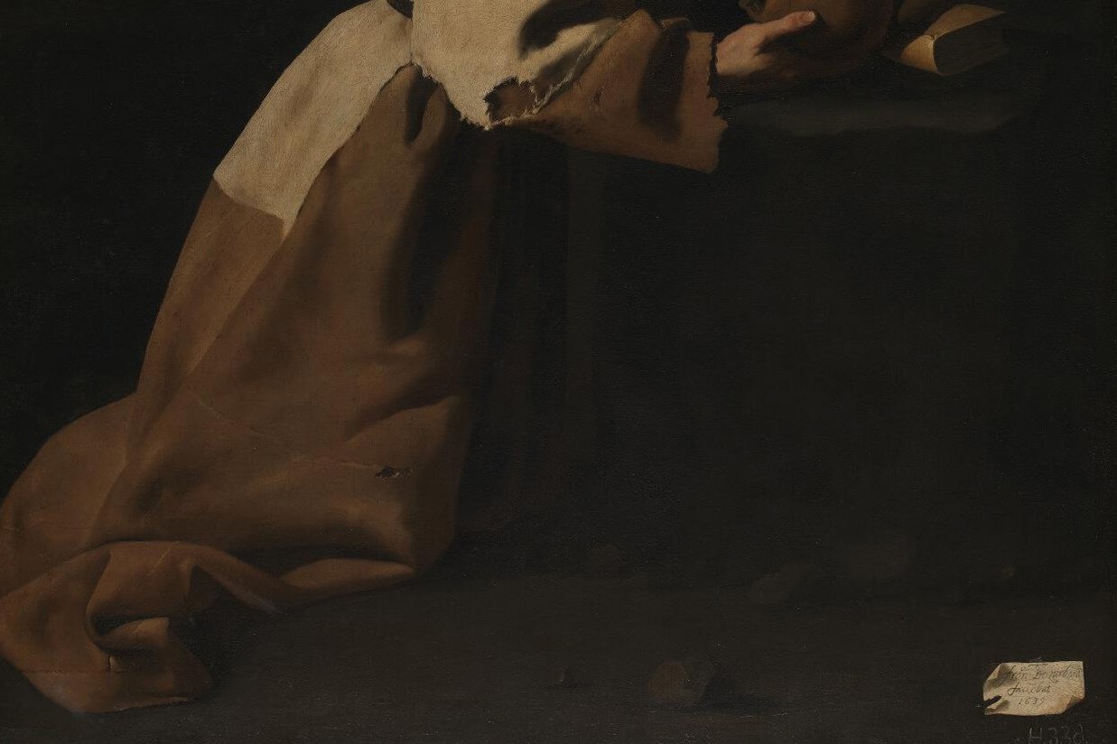 Francisco de Zurbarán's painting of Saint Francis of Assisi in meditation, kneeling in a brown habit and holding a skull.
